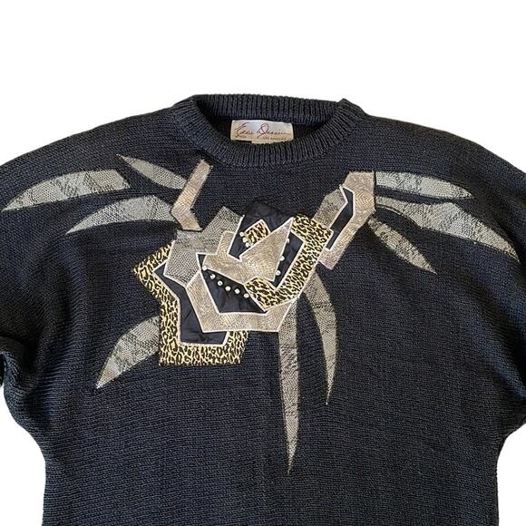 Eddie Dassin 80s Black Knit Animal Print Stud Appliqué Sweater Shoulder Pads M - Picture 2 of 10